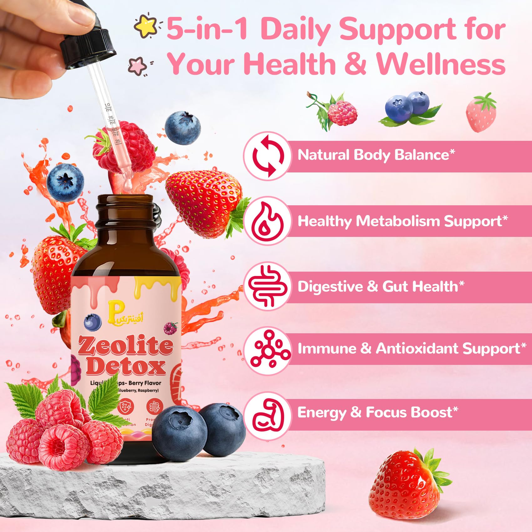 Berry-flavored Zeolite Drops label highlighting 60ml size