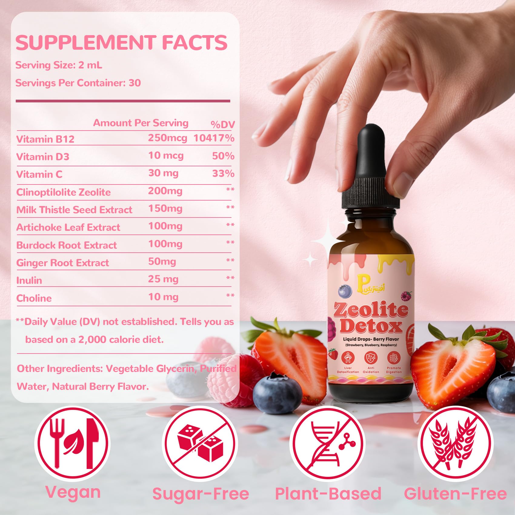 Serving suggestion showing drops being added to a glass of juice