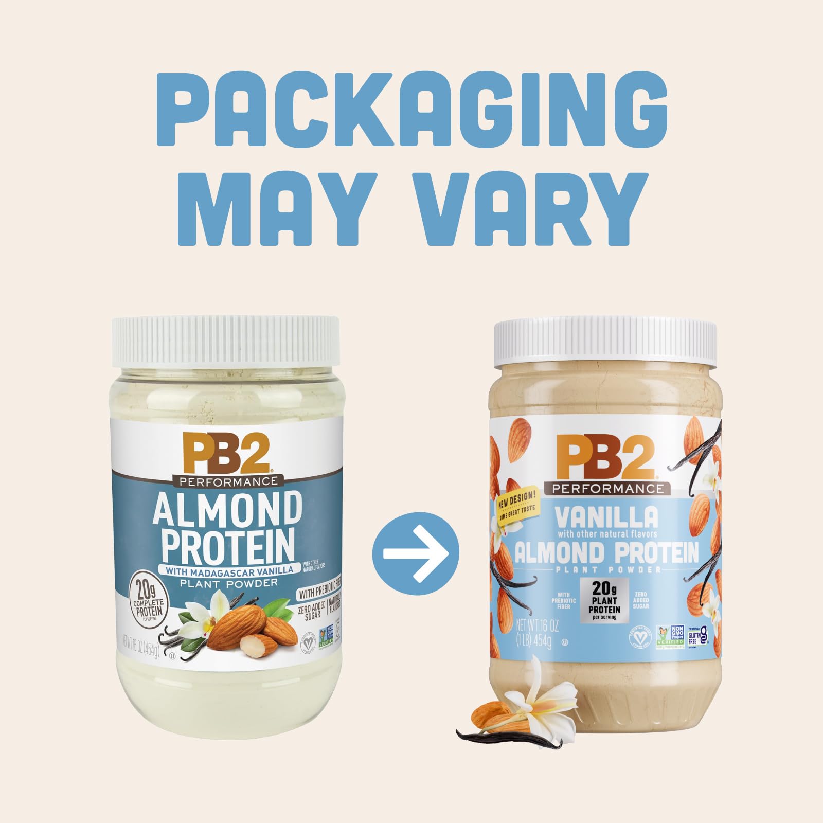 Close-up of PB2 Performance Almond Protein Powder vanilla label