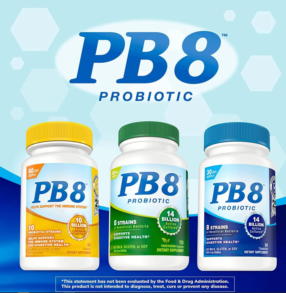 Digestive health benefits graphic with eight probiotic strains