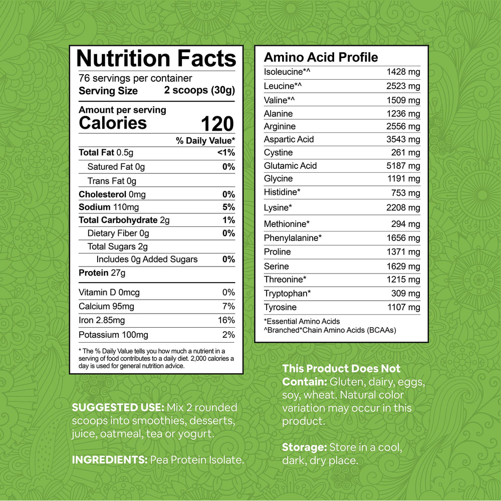Pea Protein Powder 5lb bag back highlights non-GMO and gluten-free ingredients