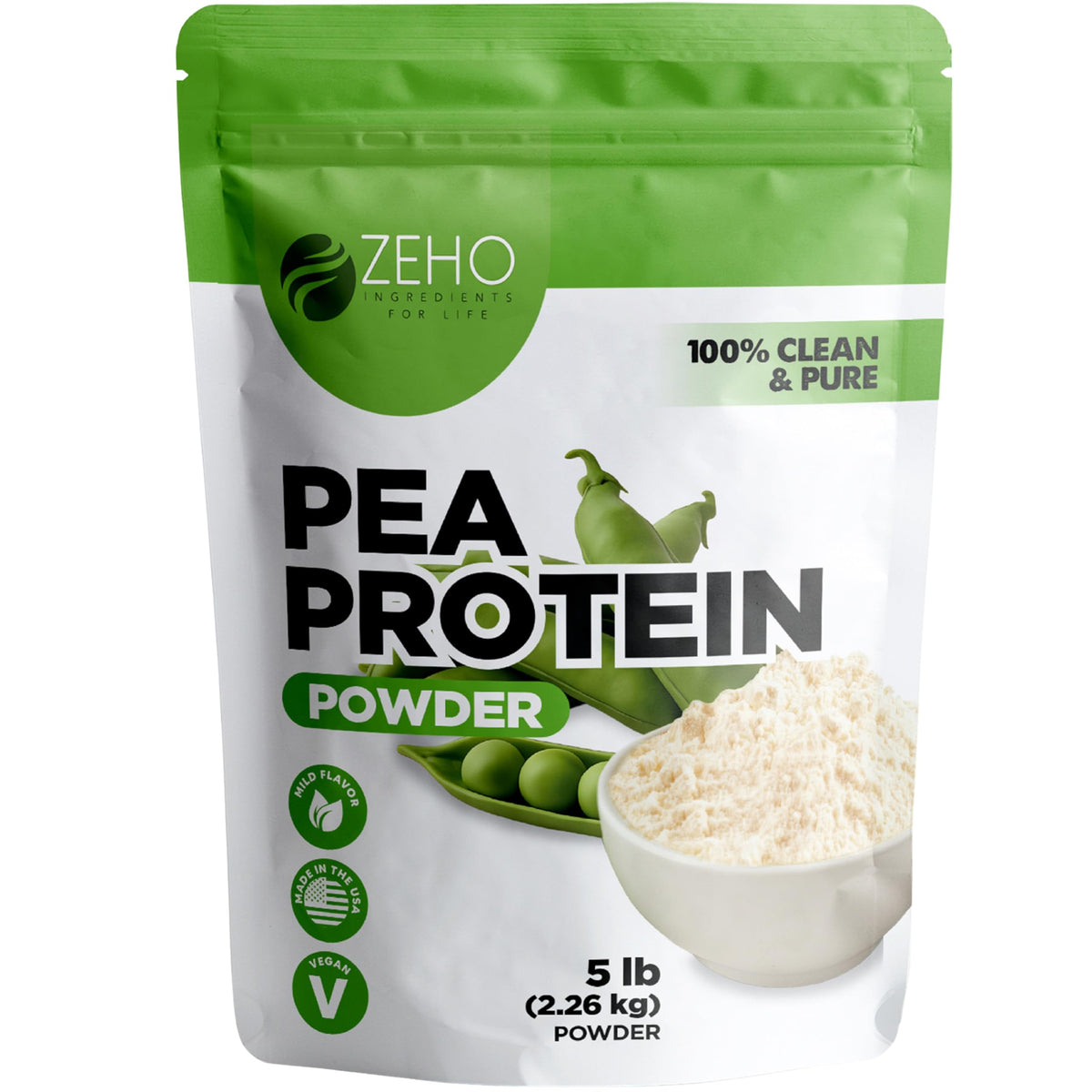 Pea Protein Powder 5lb bag front shows plant-based protein with clean label appeal
