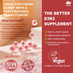 Close-up of peach-flavored vegan D3 K2 gummy