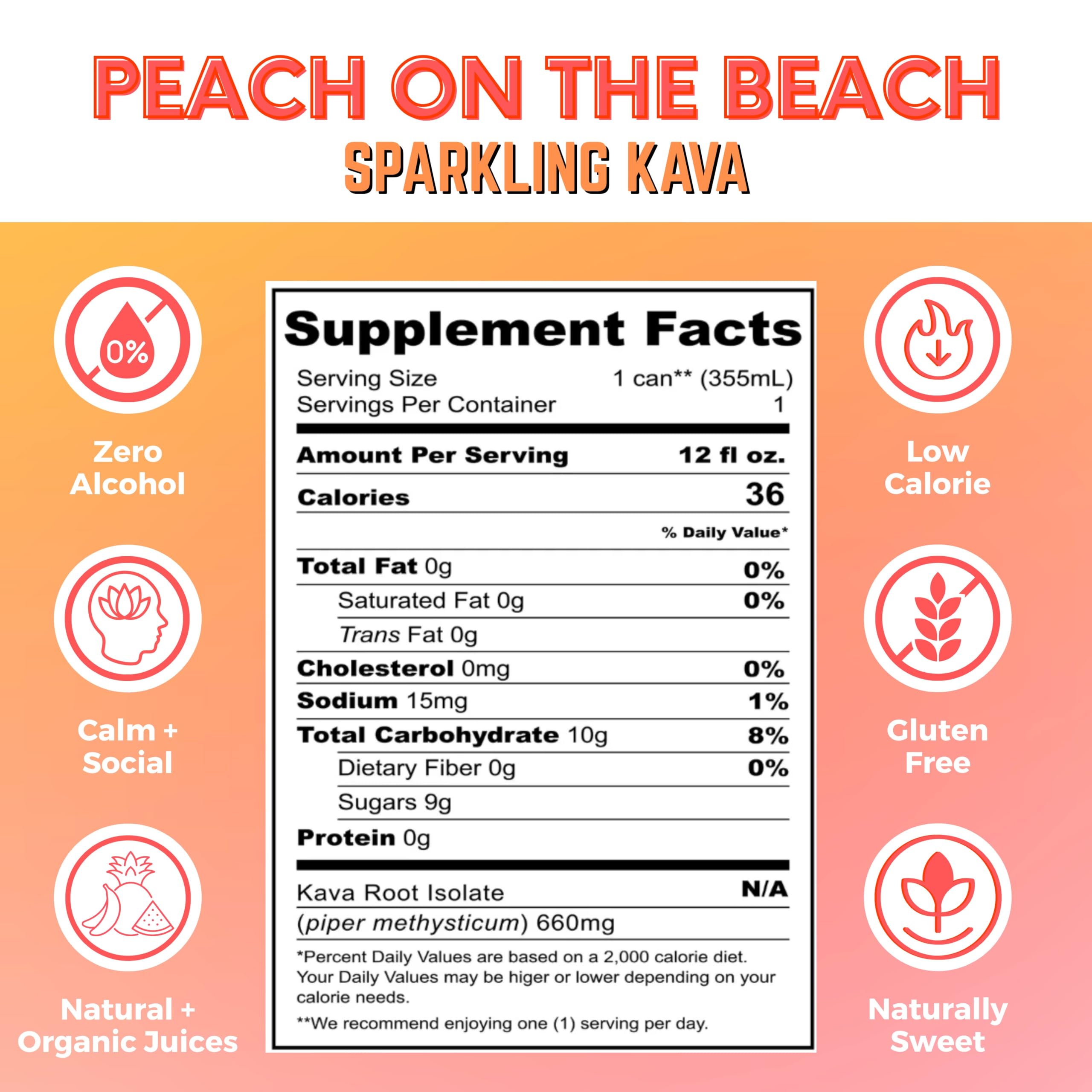 Peach on the Beach flavor sparkling kava seltzer can