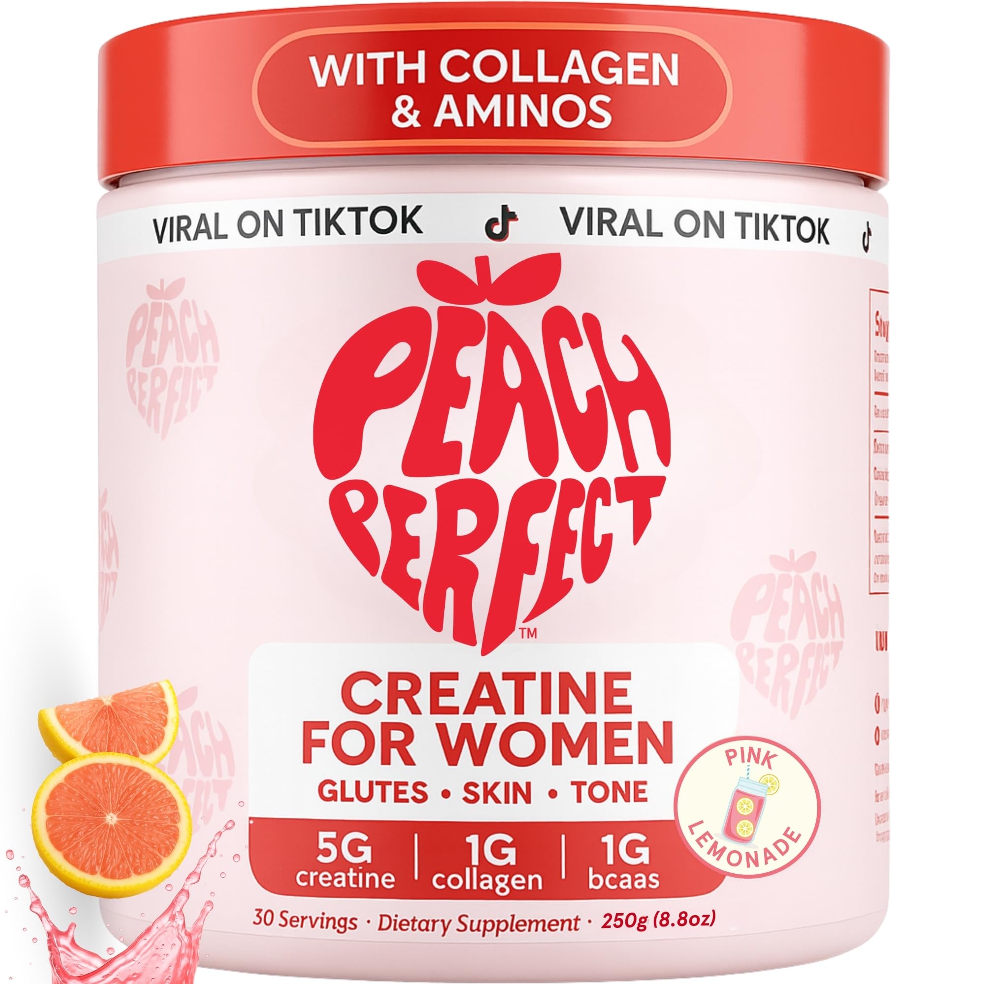 Peach Perfect Creatine for Women Pink Lemonade powder tub
