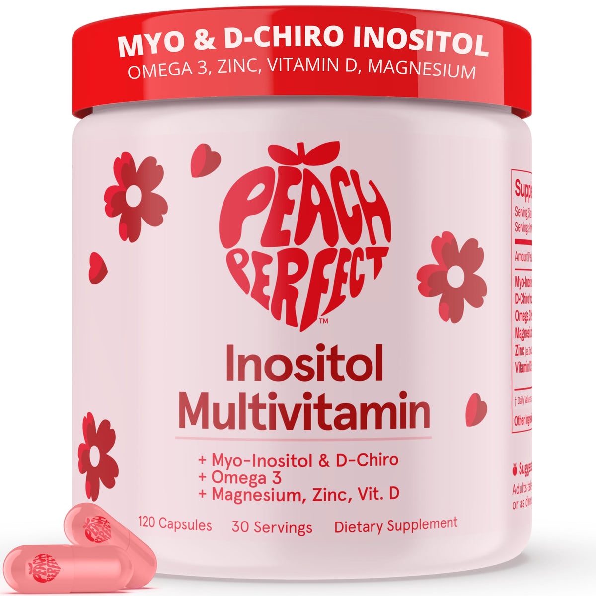 Front view of Peach Perfect Inositol Multivitamin bottle
