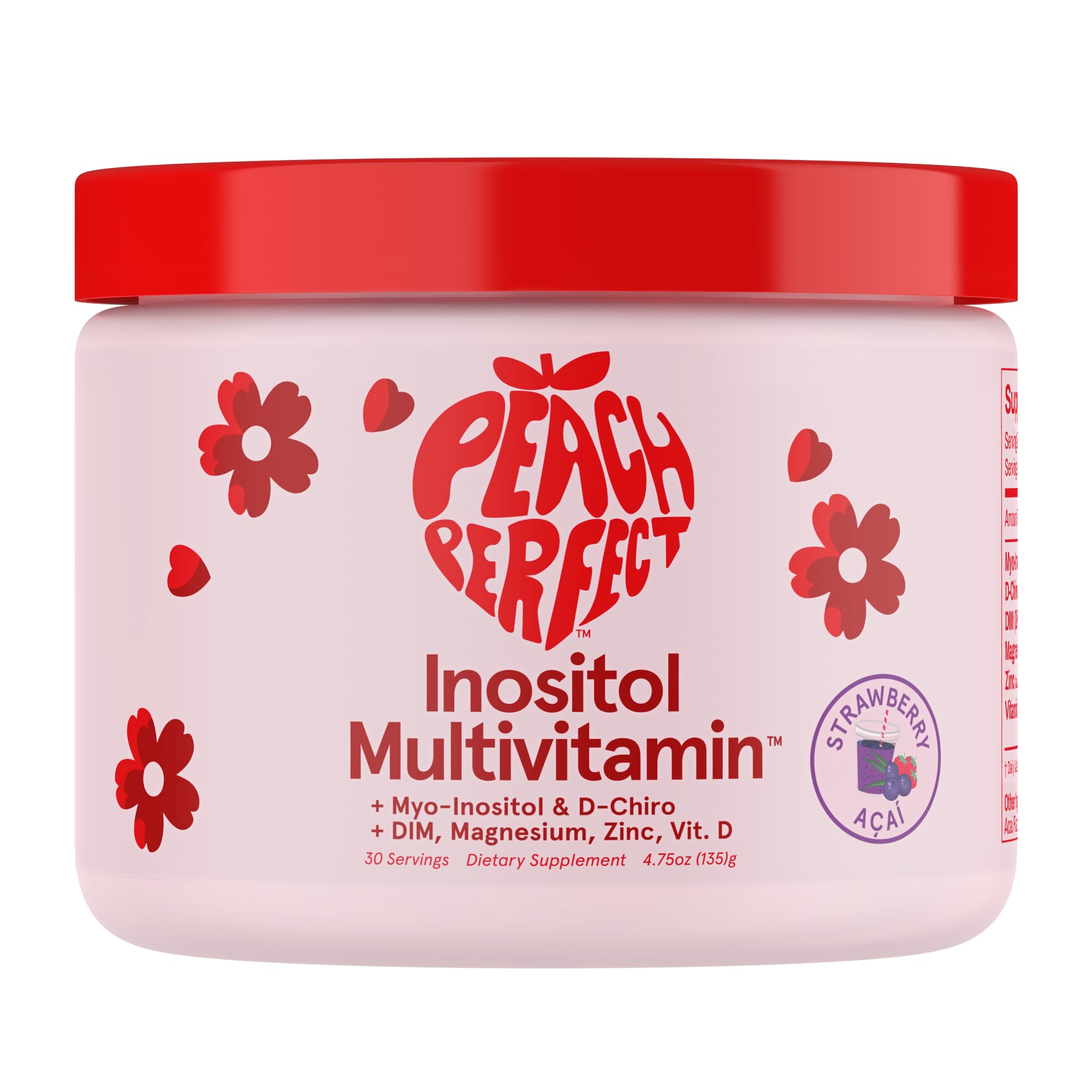 Front label of Peach Perfect Inositol Powder – Strawberry Acai flavor