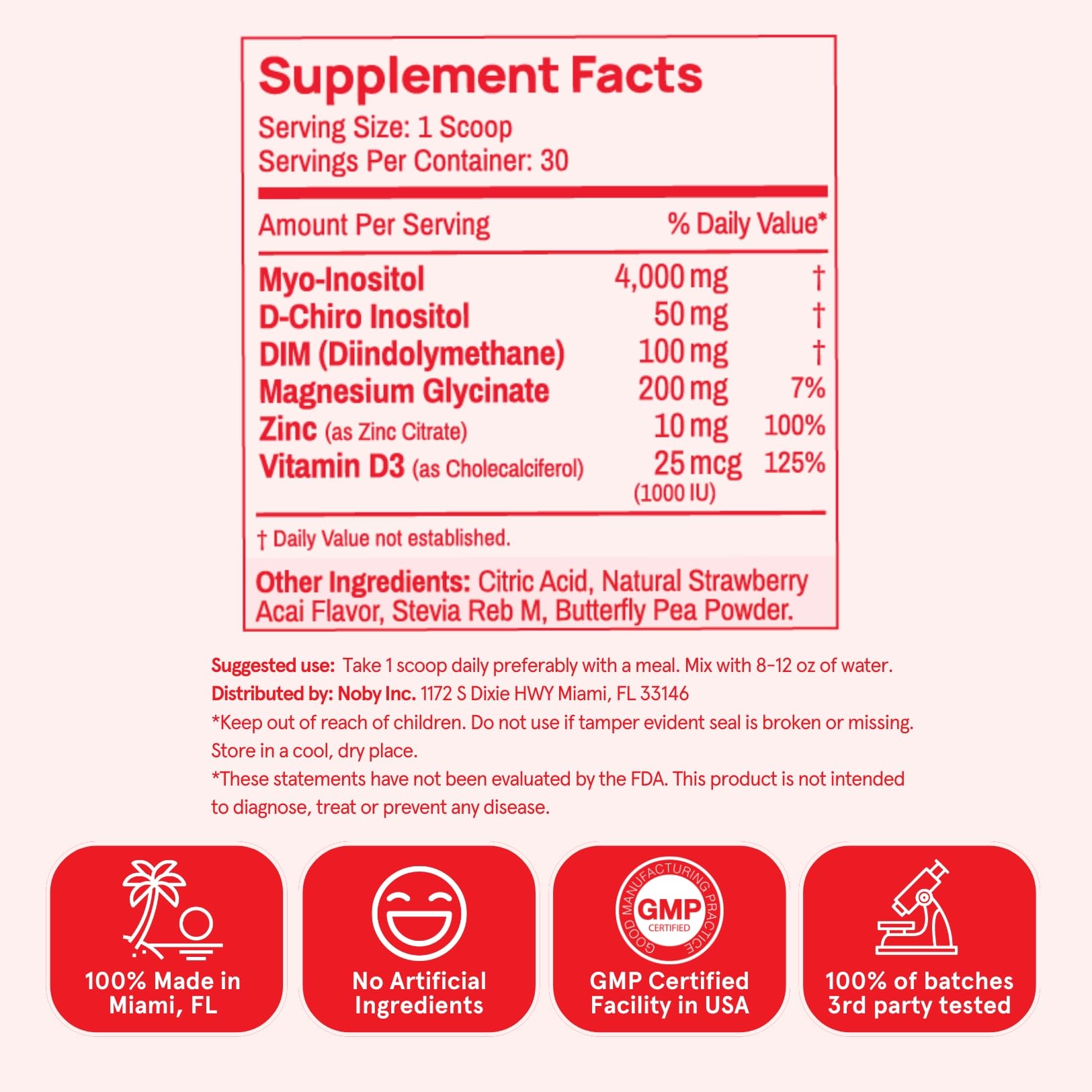 Ingredient panel showing Myo-Inositol, D-Chiro-Inositol, DIM, zinc, magnesium glycinate and vitamin D3