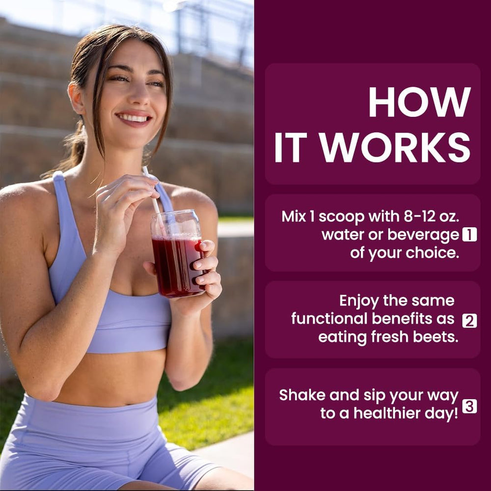 Peacock Max berry-flavor beet powder scoop highlights smooth taste in smoothies.