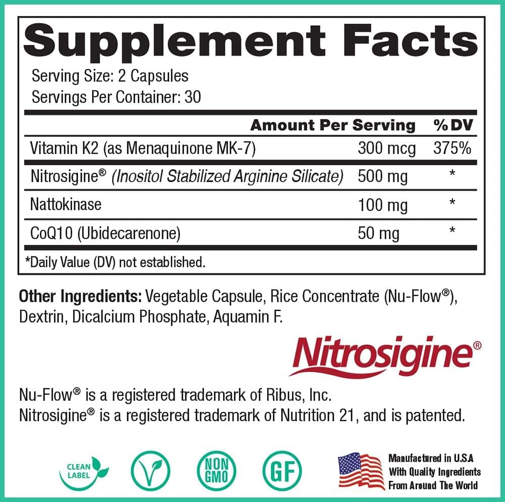 Close-up of Peak Cardio Platinum ingredients: Vitamin K2 Mk-7, Nattokinase, Nitrosigine, CoQ10