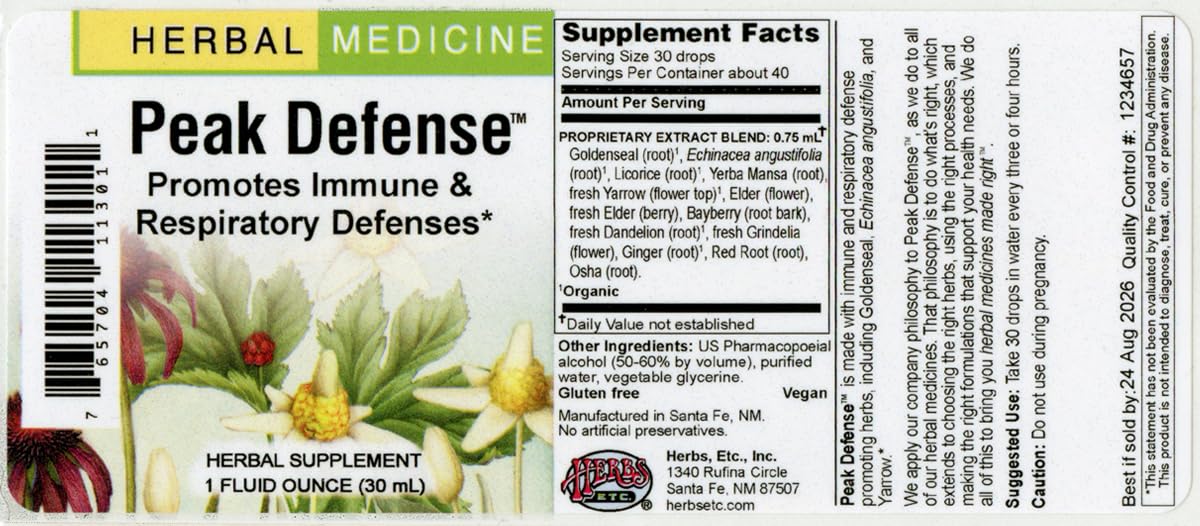 Close-up of Peak Defense bottle promoting clear breathing and lung health