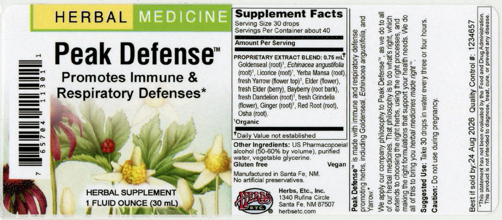 Close-up of Peak Defense bottle promoting clear breathing and lung health