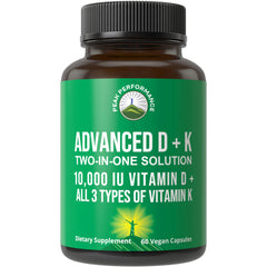 Bottle of Peak Performance Vitamin D 10000 IU with Vitamin K capsules