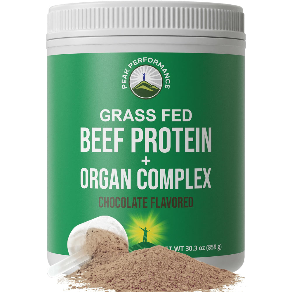 Peak Performance grass-fed beef protein powder tub front — ideal for post-workout recovery.