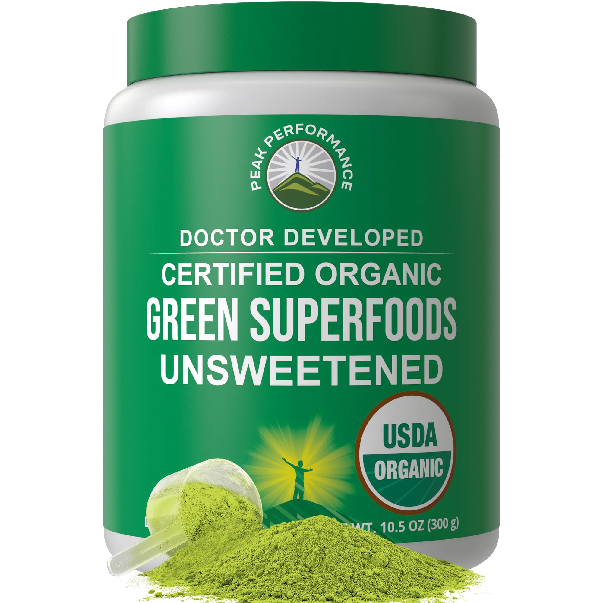 Front view of Peak Performance Unsweetened Organic Greens powder canister