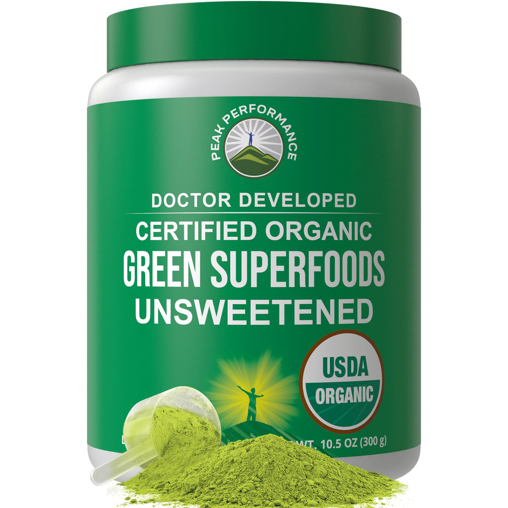 Front view of Peak Performance Unsweetened Organic Greens powder canister