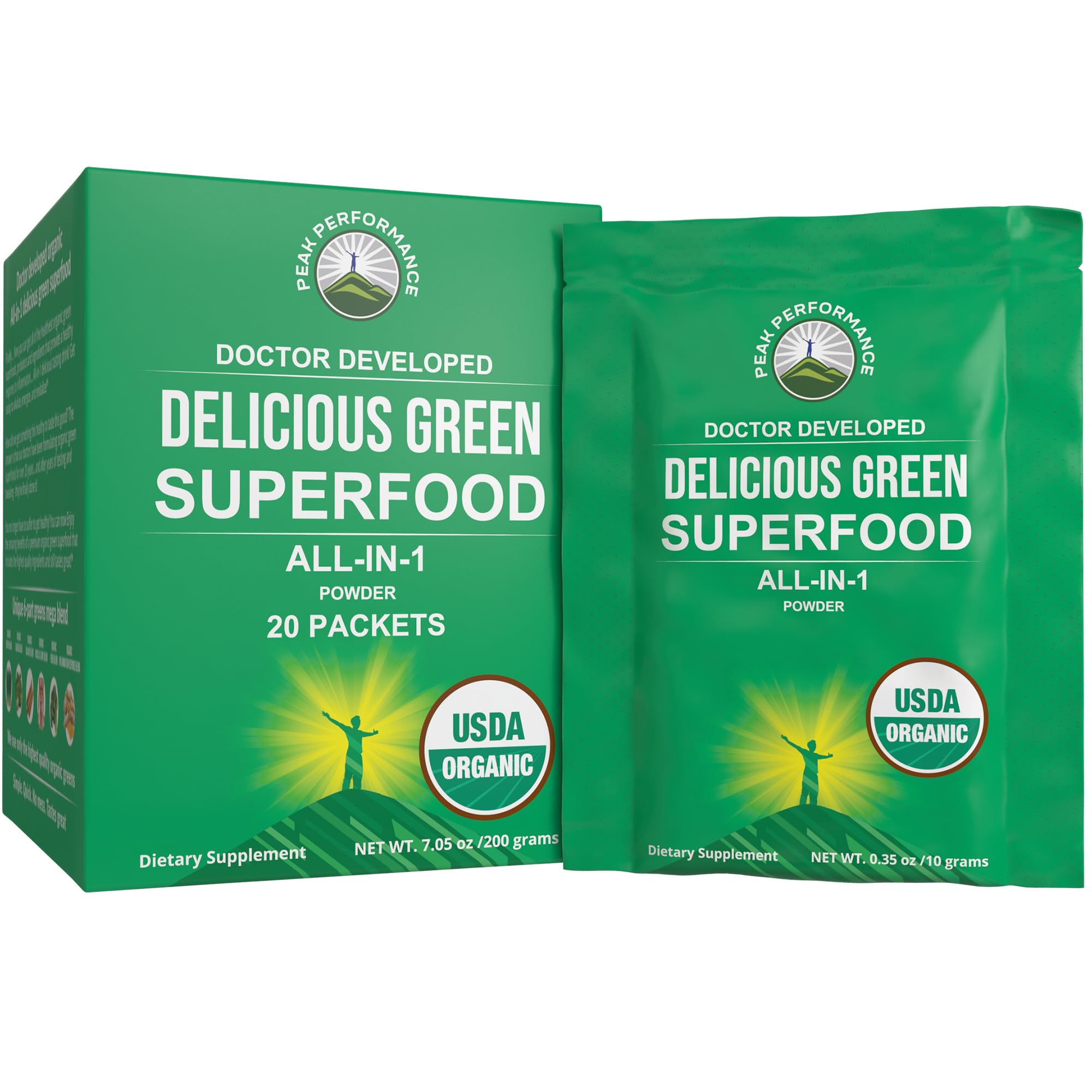 Peak Performance Organic Greens powder single-serve travel packets with scoop