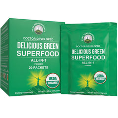 Peak Performance Organic Greens powder single-serve travel packets with scoop