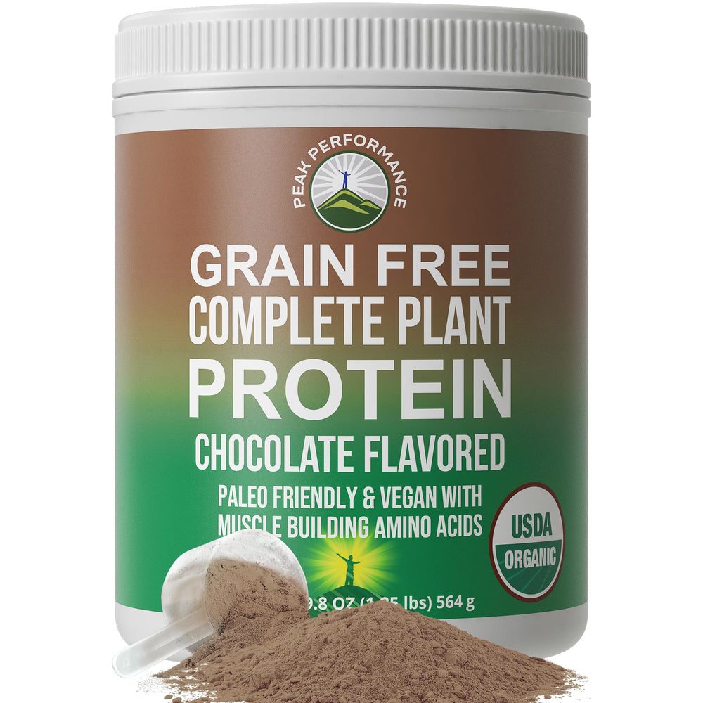 Peak Performance organic plant protein tub front offers convenient vegan nutrition.