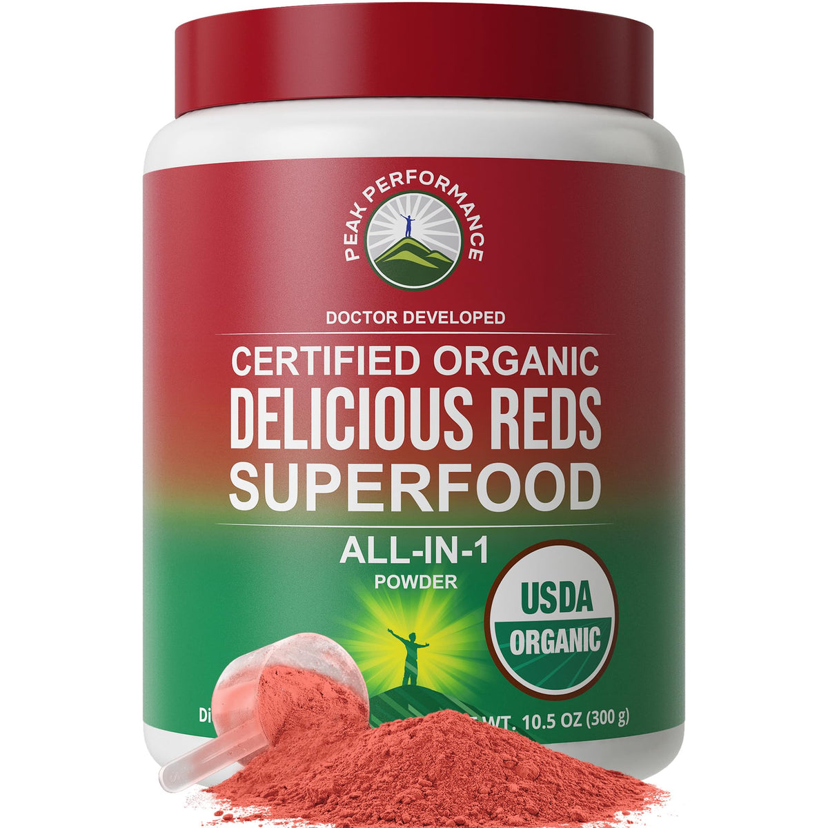Peak Performance Organic Reds powder container front view
