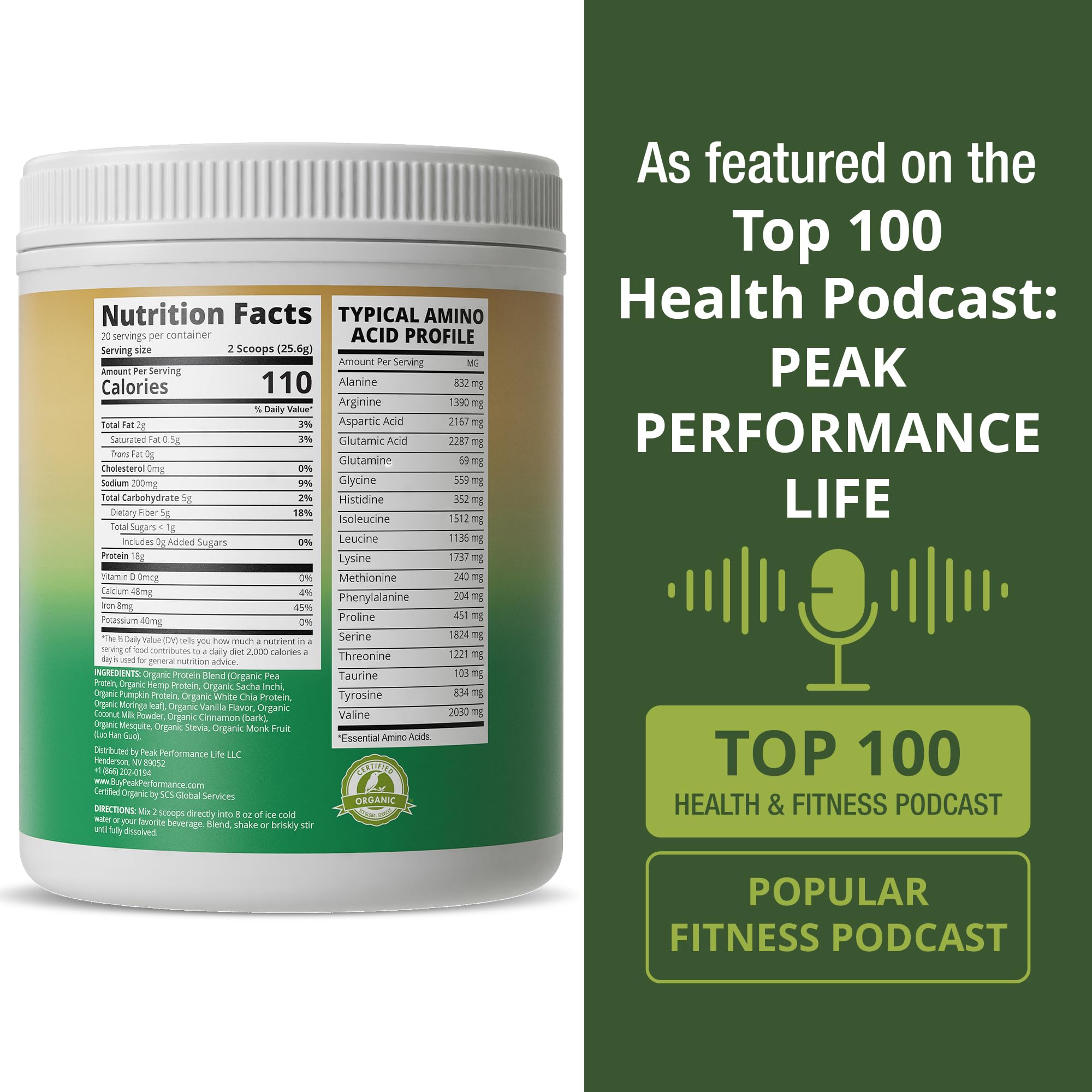 Peak Performance vanilla packaging eco: premium ingredients with responsible packaging.