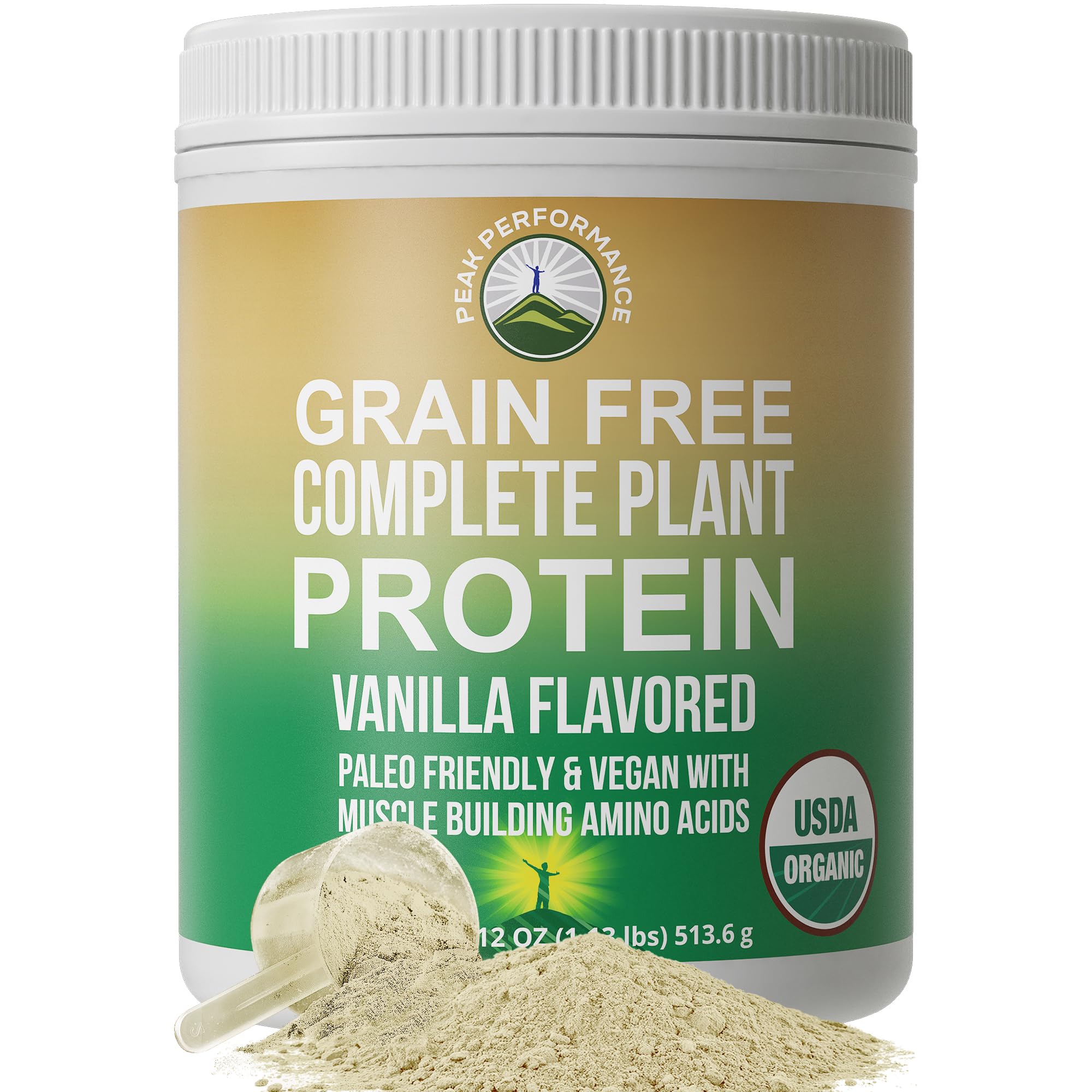 Peak Performance vanilla tub front: creamy plant protein for post workout recovery.