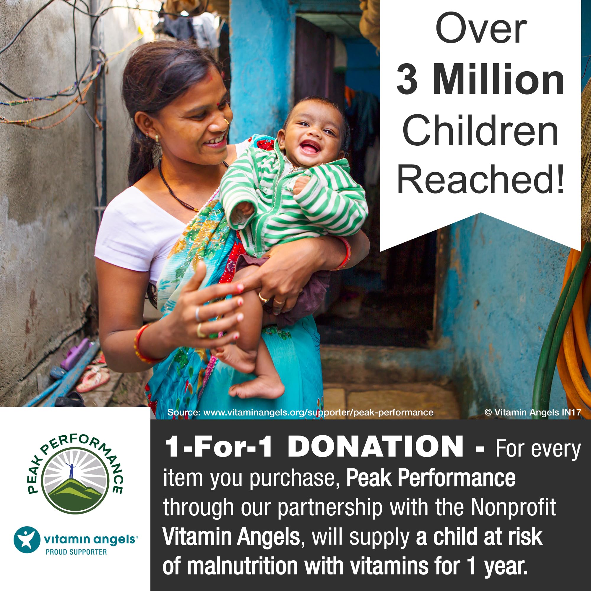 1-for-1 Vitamin Angels donation banner for Peak Performance
