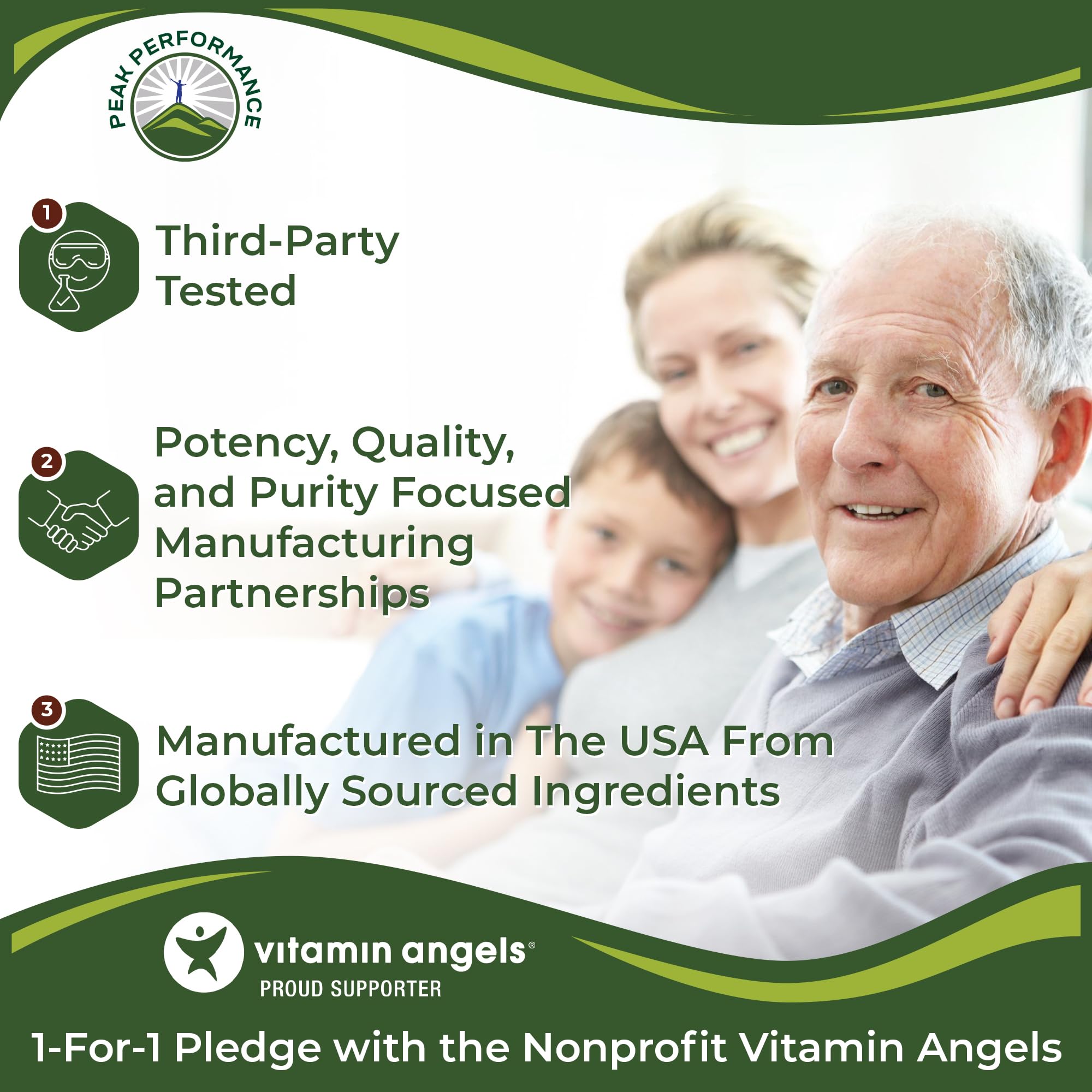 USA-sourced Peak Performance vitamin C supplement packaging