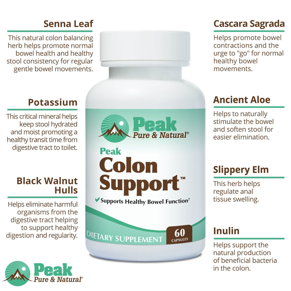 Peak Colon Support bottle with spoon demonstrates simple dosing.