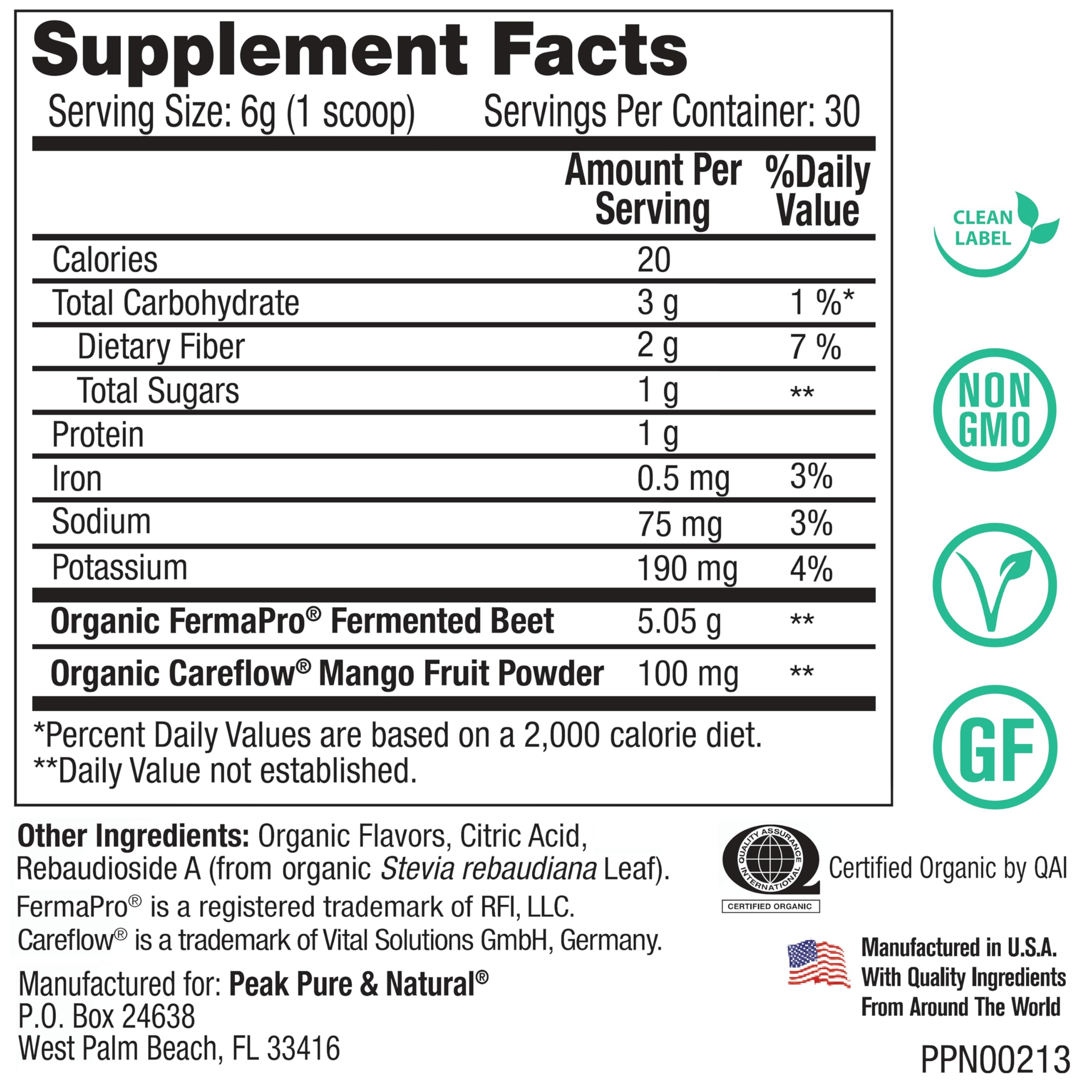 Peak Pure & Natural Peak Organic Fermented Beets canister closeup shows powder and scoop