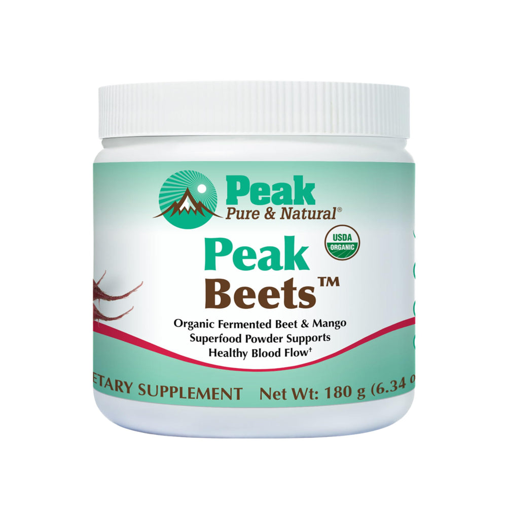 Peak Pure & Natural Peak Organic Fermented Beets label packaging highlights organic ingredients for daily wellness