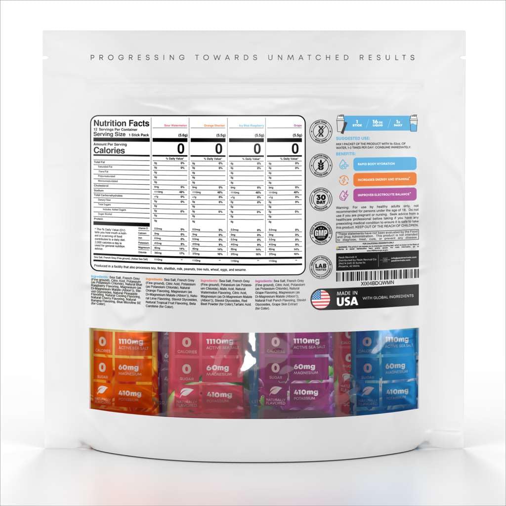 Peak Revival-X electrolytes packets colorful packaging highlighting flavor variety for hydration.