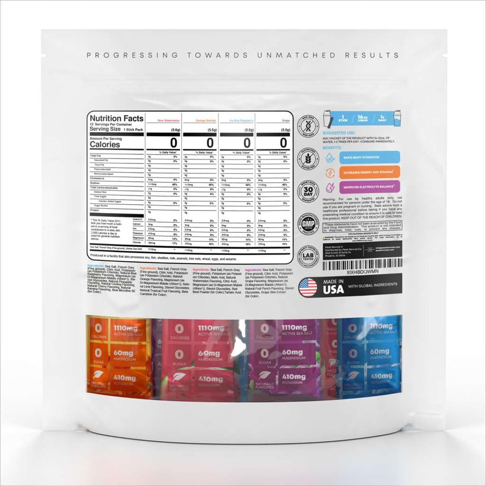 Peak Revival-X electrolytes packets colorful packaging highlighting flavor variety for hydration.