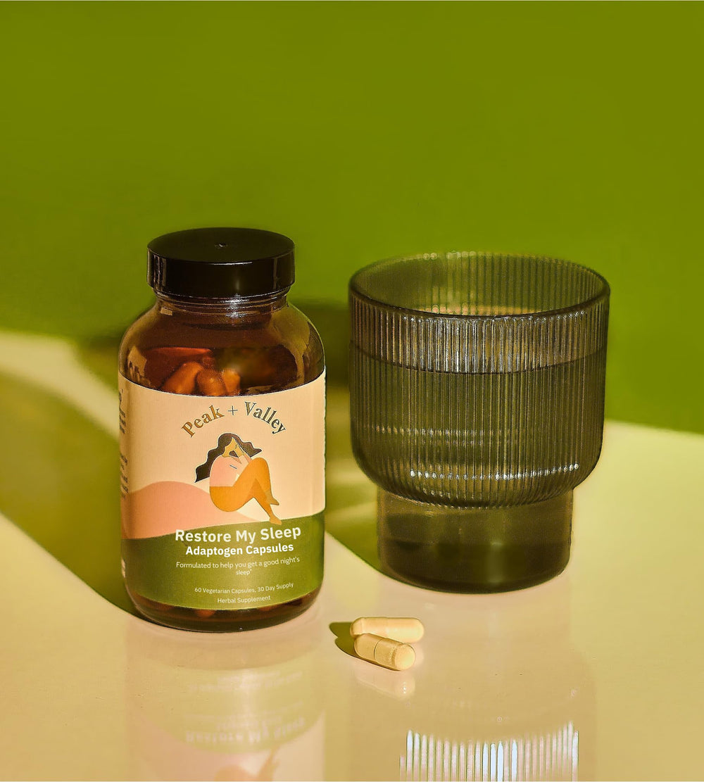 Peak + Valley Sleep Aid box on a nightstand