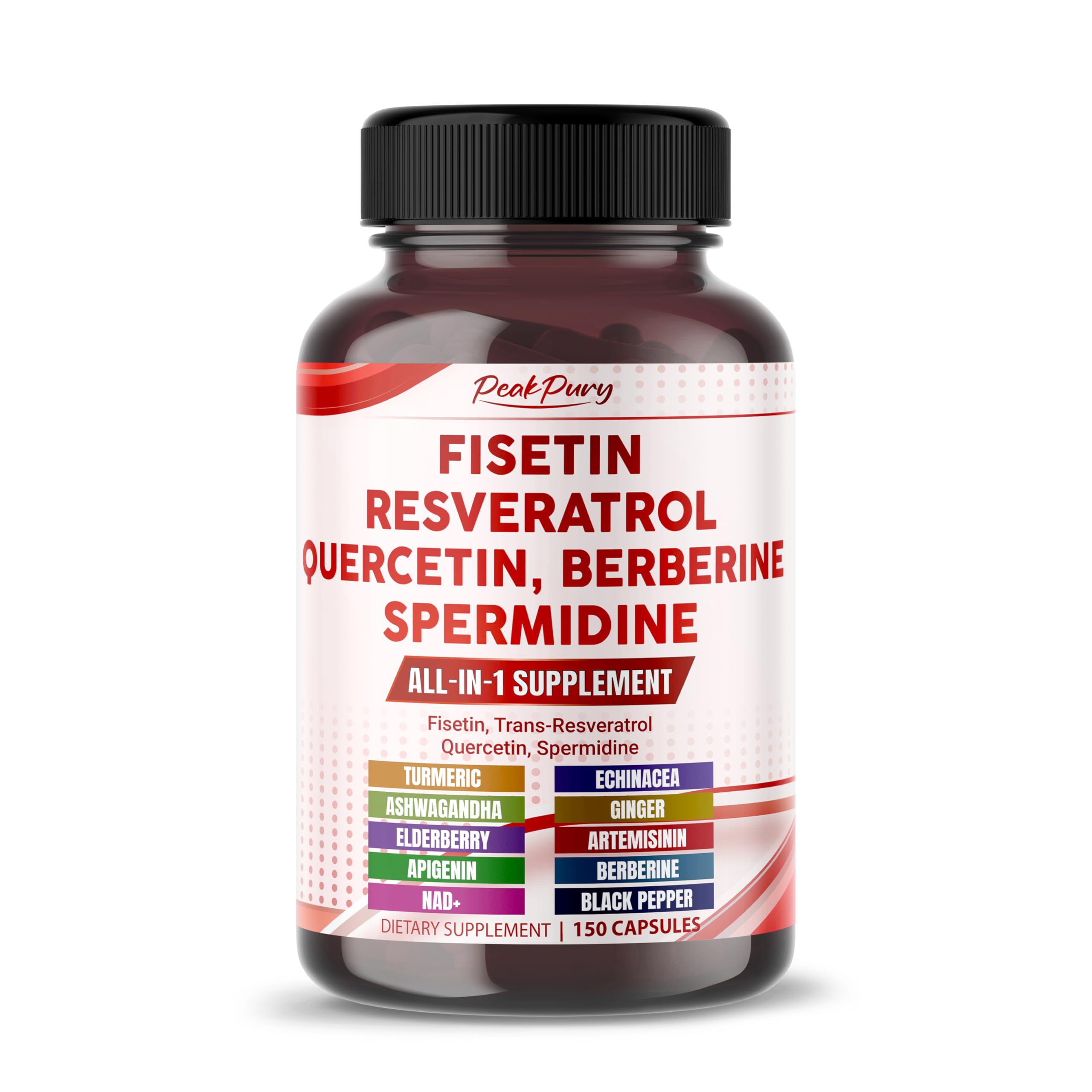 Front view of PeakPury Fisetin supplement bottle