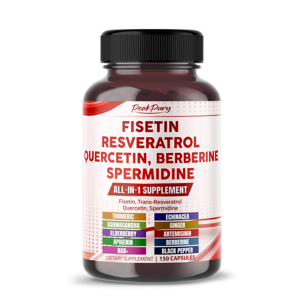 Front view of PeakPury Fisetin supplement bottle