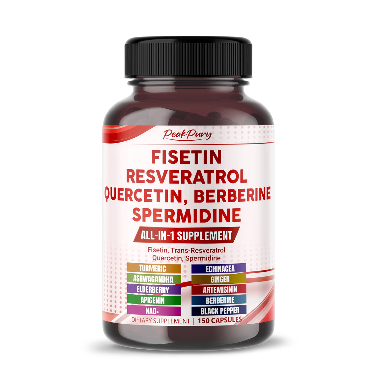 Front view of PeakPury Fisetin supplement bottle