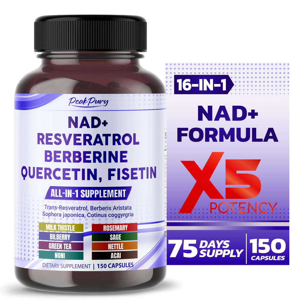 PeakPury NAD+ Trans-Resveratrol Berberine Quercetin Fisetin Milk Thistle bottle labeled 150 capsules
