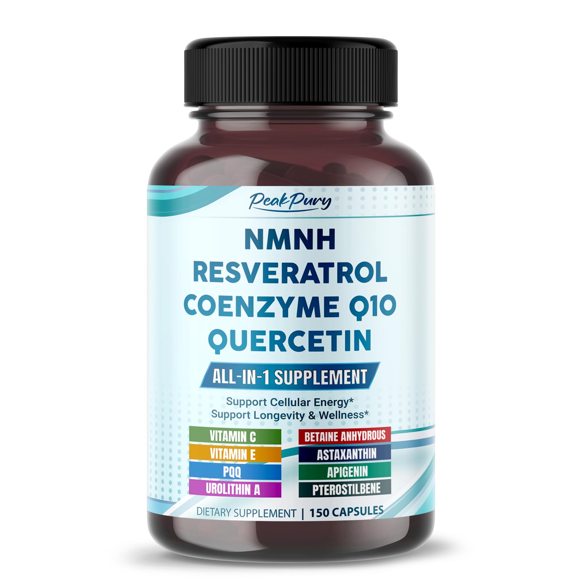 PEAKPURY NMNH 600 mg bottle showing Resveratrol, CoQ10, Quercetin, Urolithin A & PQQ