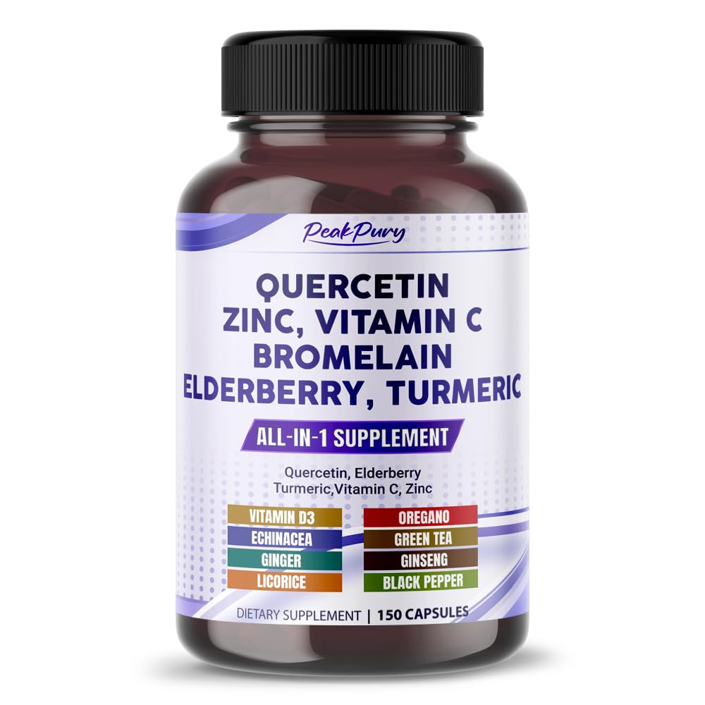 Front view of PEAKPURY Quercetin Elderberry Turmeric Vitamin C Zinc bottle