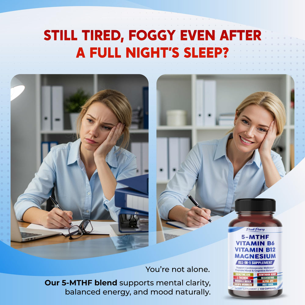 Close-up of PeakPury Ultra 5-MTHF with B6 and B12 for heart support