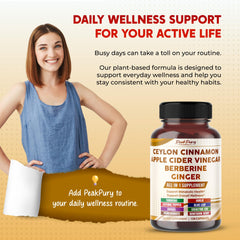 PEAKPURY capsules close-up highlighting berberine and ginger for metabolic support.