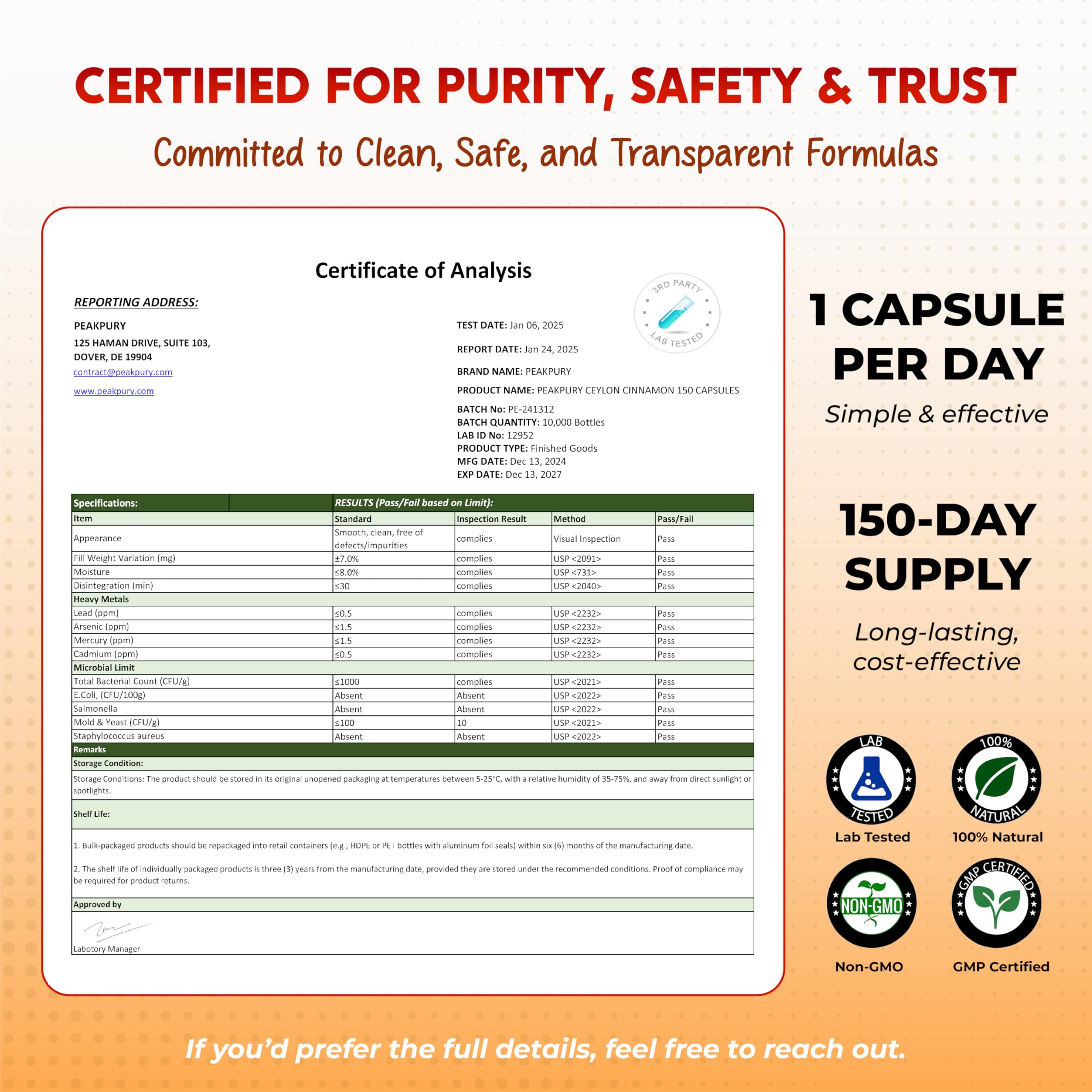 PEAKPURY bottle with 150 capsules and packaging