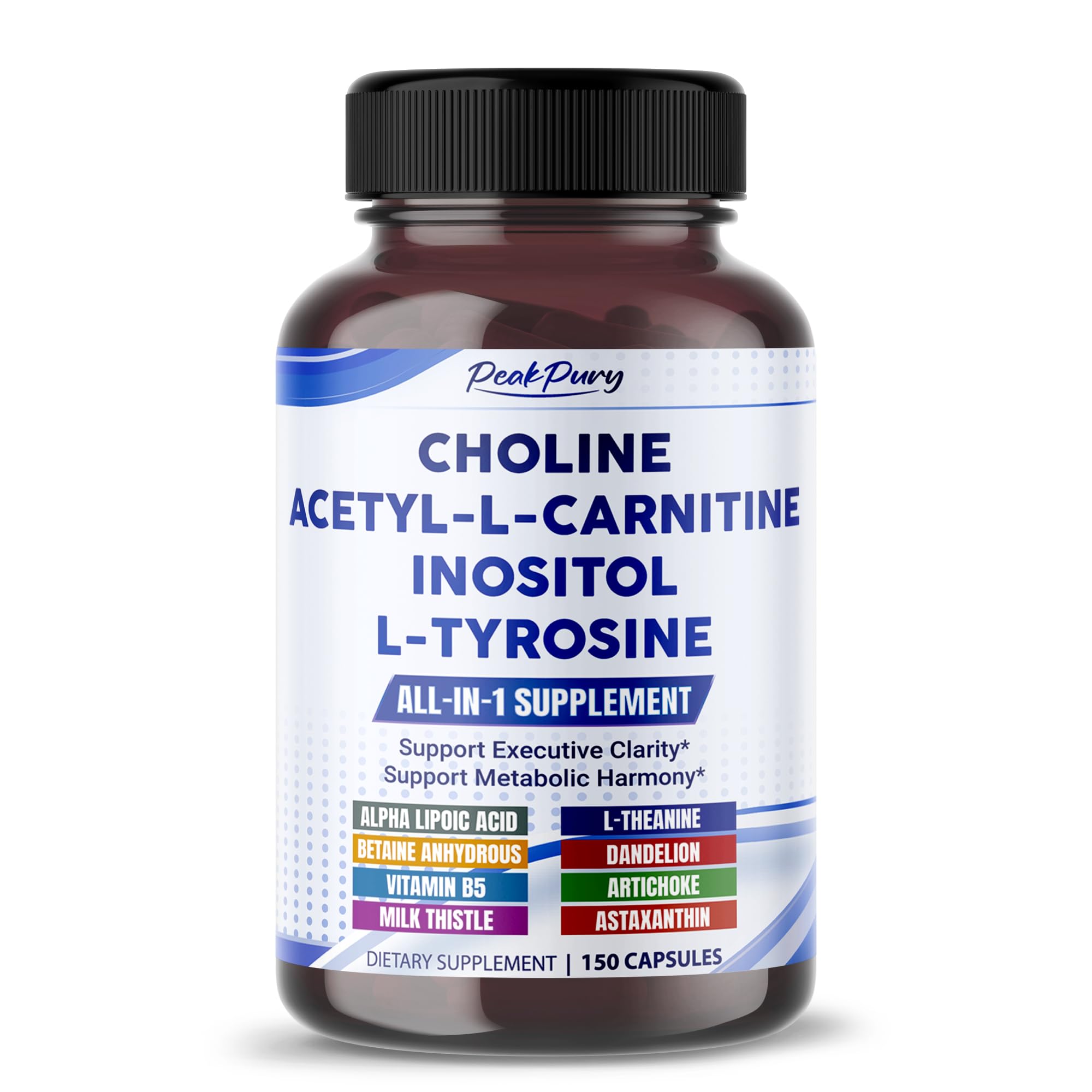 PEAKPURY Ultra Choline, Acetyl-L-Carnitine, Inositol & L-Tyrosine bottle on white background