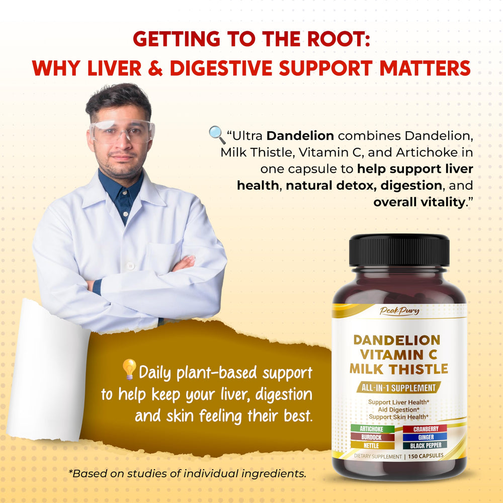 Illustration of ingredients: dandelion, milk thistle, artichoke and vitamin C