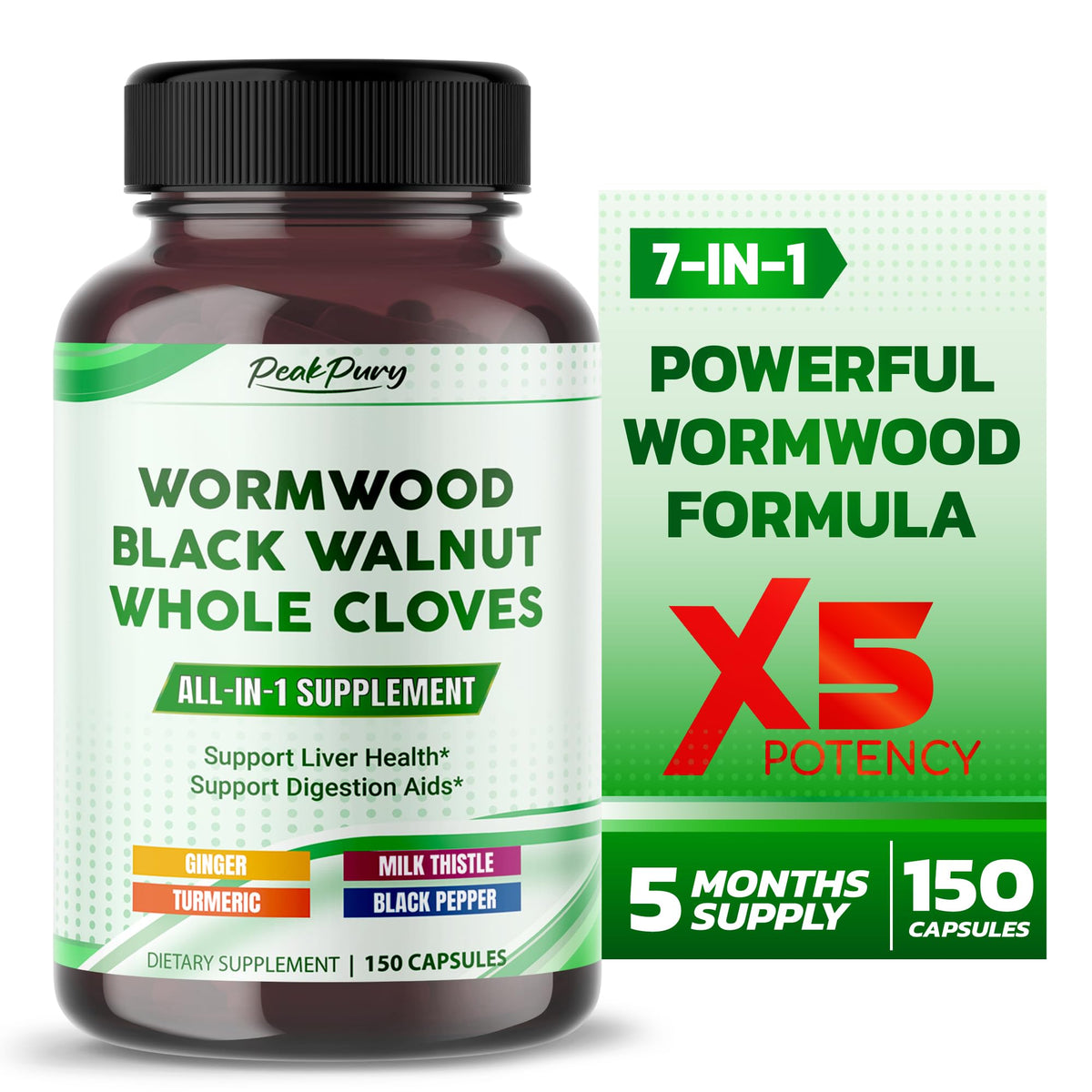 PeakPury all-in-one wormwood black walnut cloves ginger capsules bottle front view