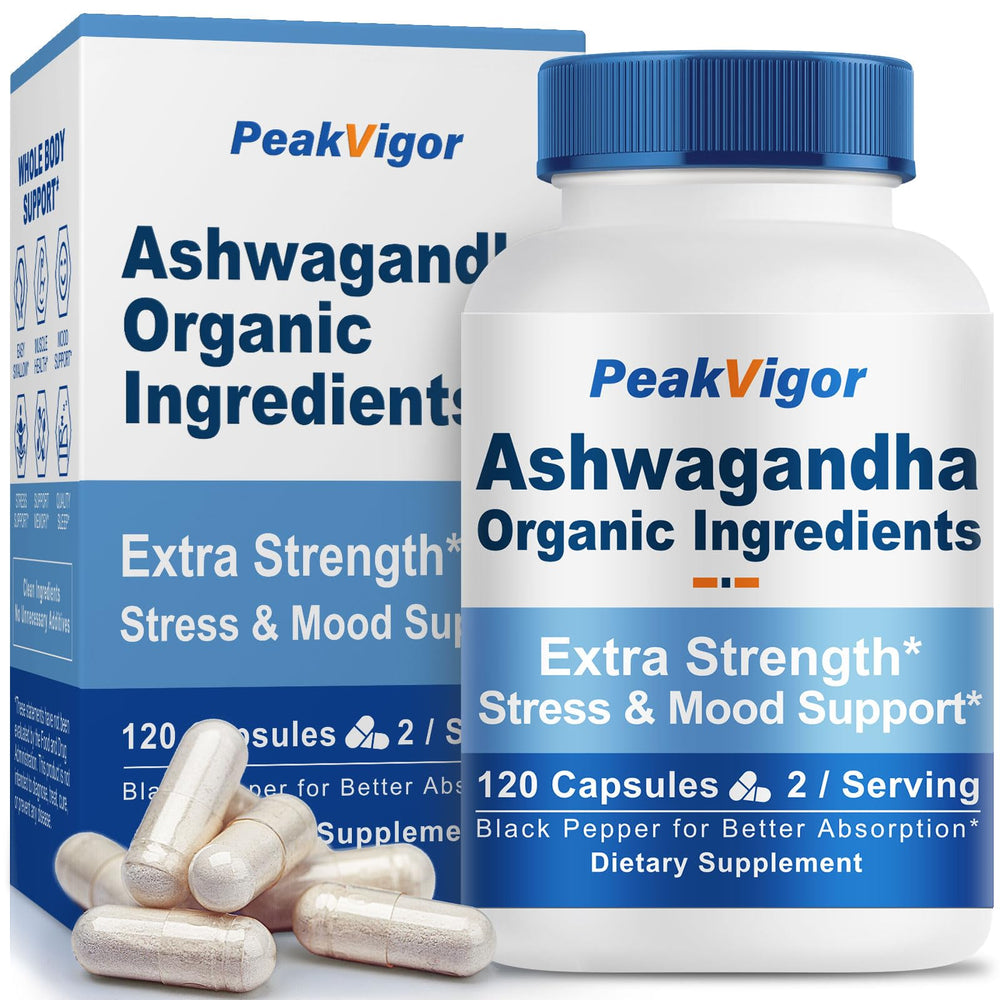PeakVigor 7000mg Ashwagandha capsules bottle supports daily balance.
