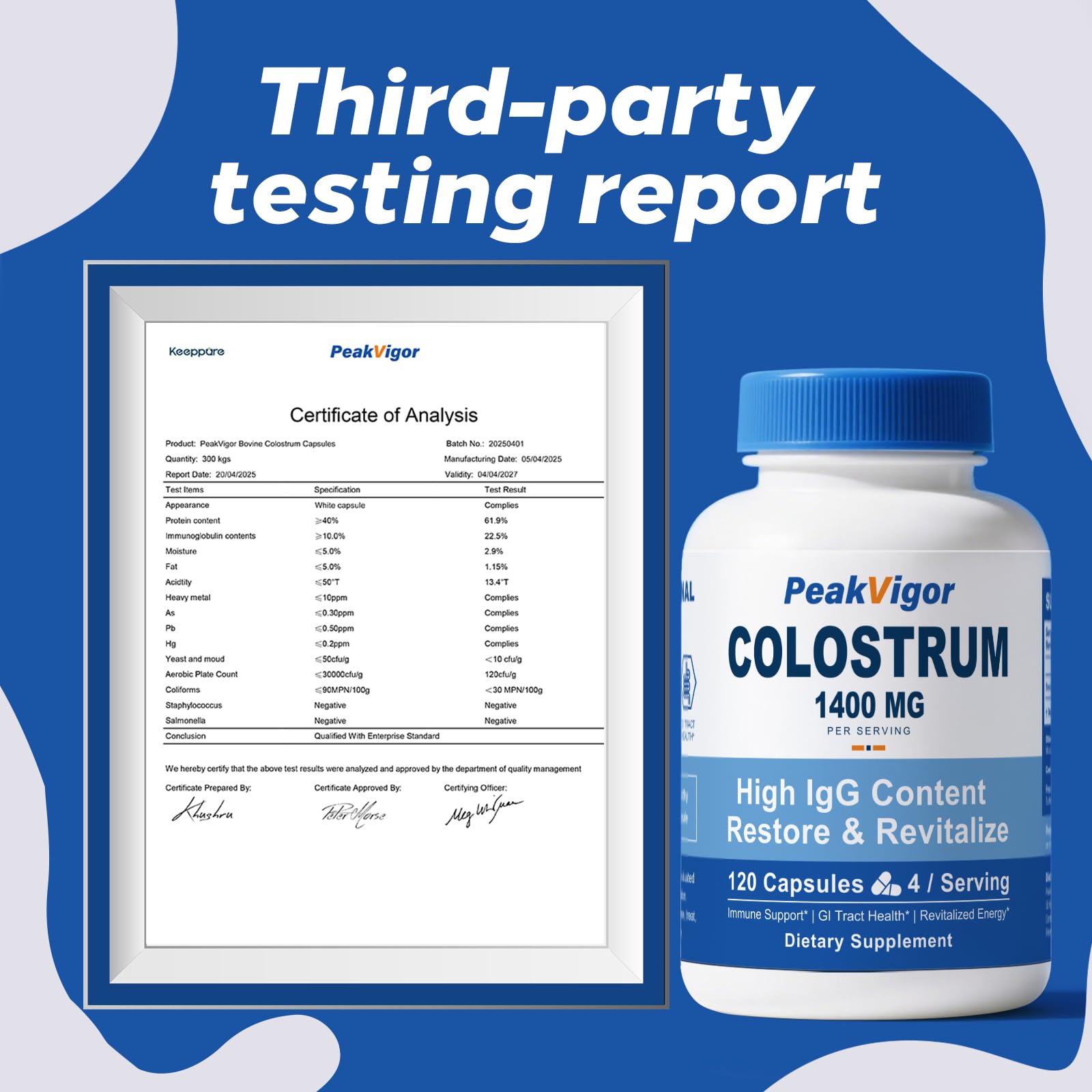 Close up of PeakVigor colostrum capsules showing 1400 mg strength