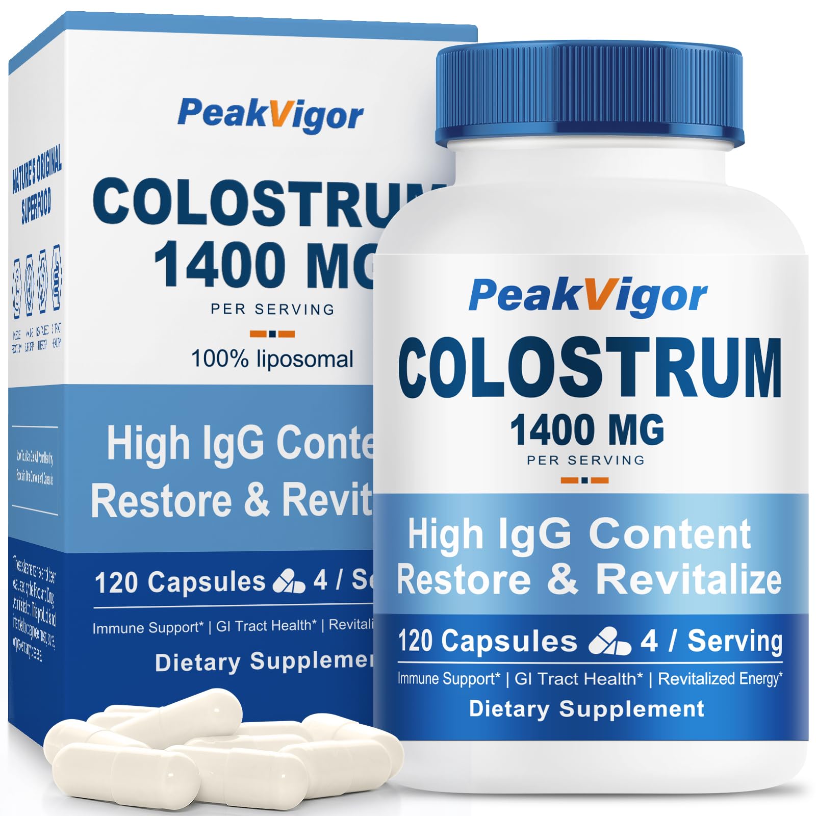 Bottle of PeakVigor Organic Bovine Colostrum Capsules 120 count