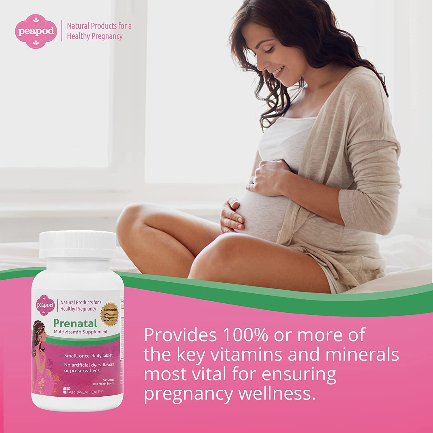 Close-up of small vanilla-coated prenatal tablets